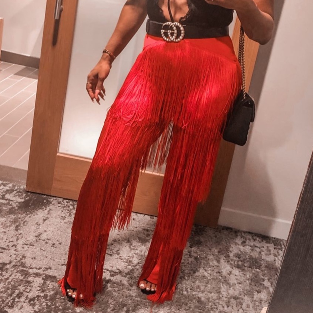 Red fringe pants